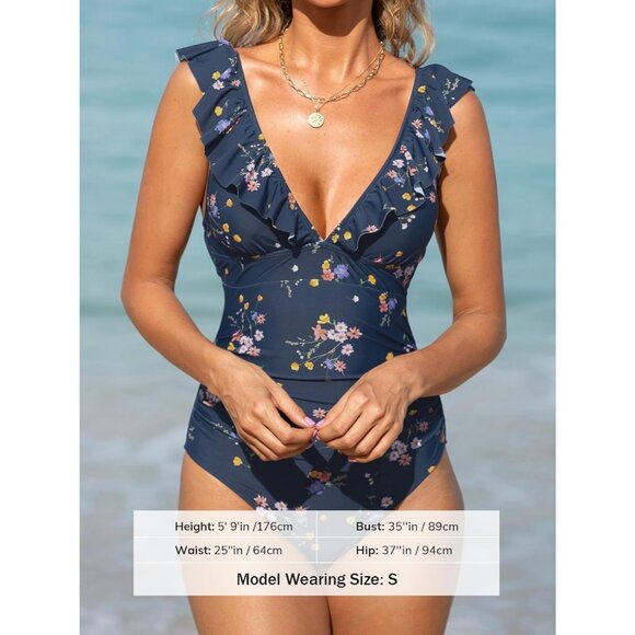 Women's Blue Ruffled One Piece Swimsuit V Neck Lace Up - Picture 4 of 6